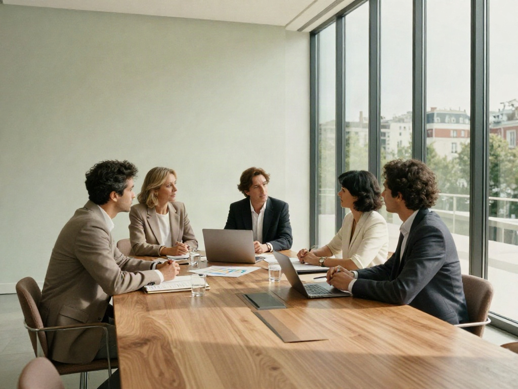 Consultants discussing business strategy in a sunlit contemporary meeting room
